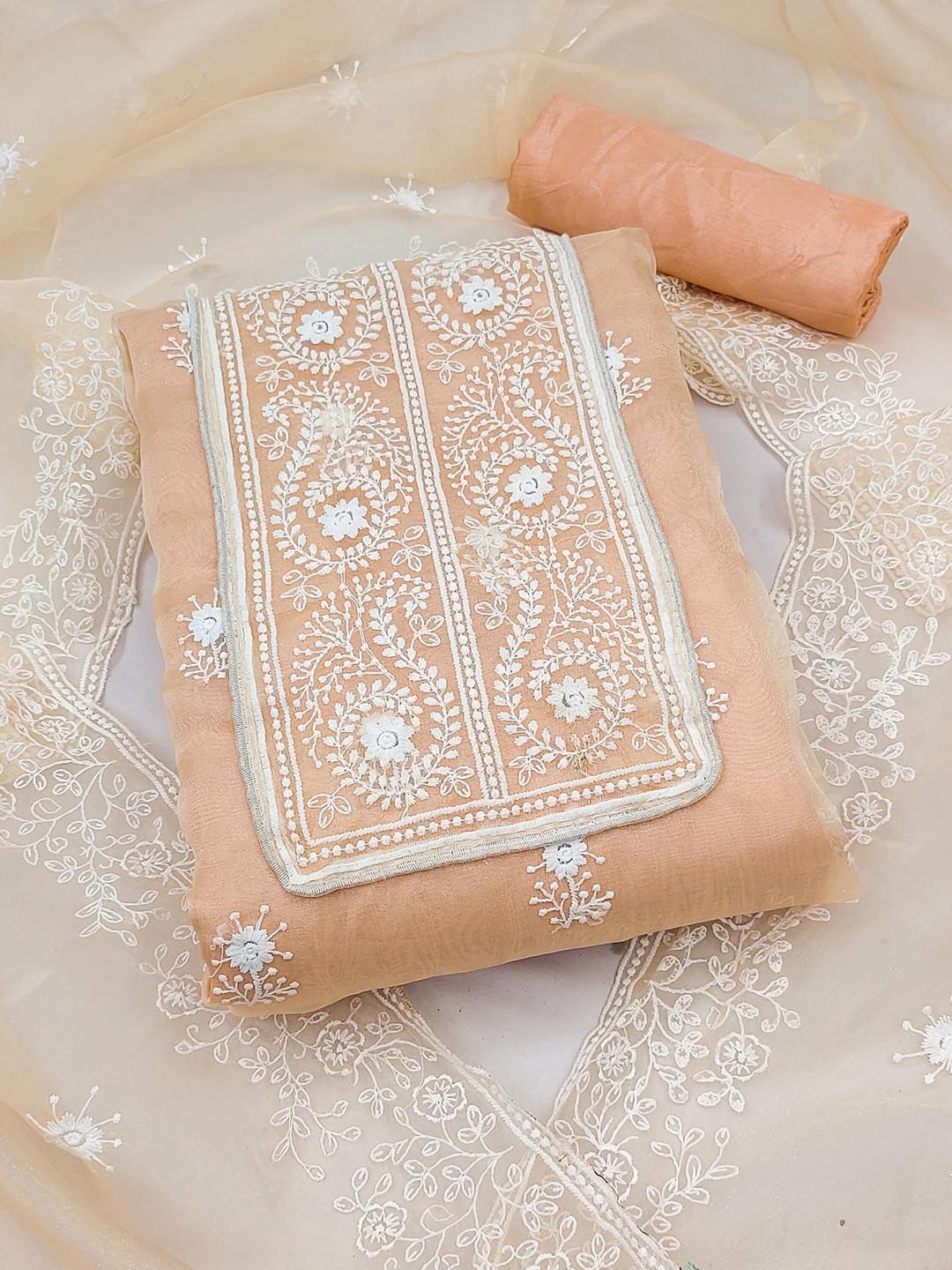 

MANVAA Floral Embroidered Unstitched Dress Material, Peach