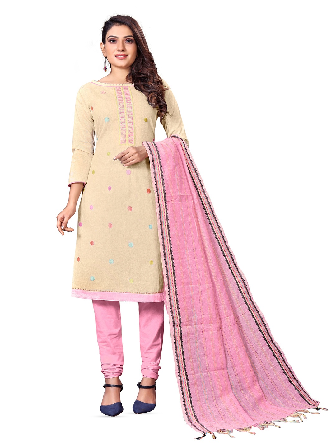 

MANVAA Polka Dots Embroidered Unstitched Dress Material, Beige