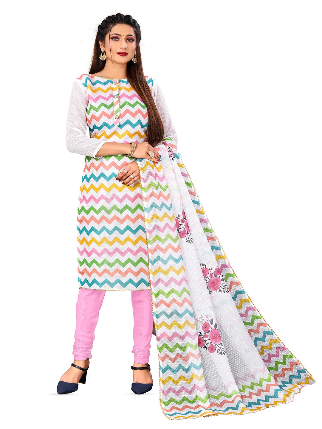 

MANVAA Chevron Printed Gotta Patti Pure Cotton Unstitched Dress Material, White