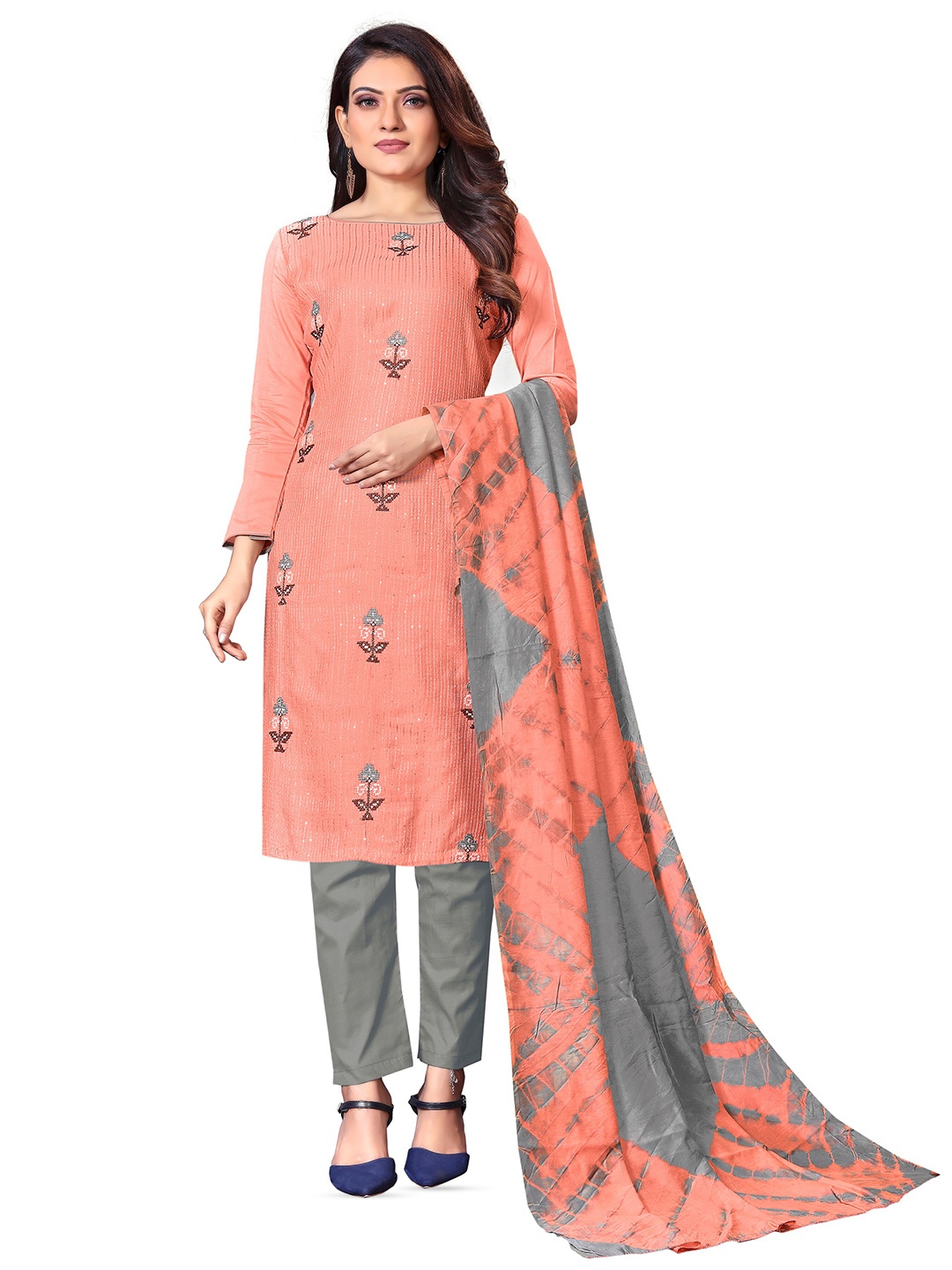 

MANVAA Floral Embroidered Sequinned Pure Cotton Unstitched Dress Material, Peach