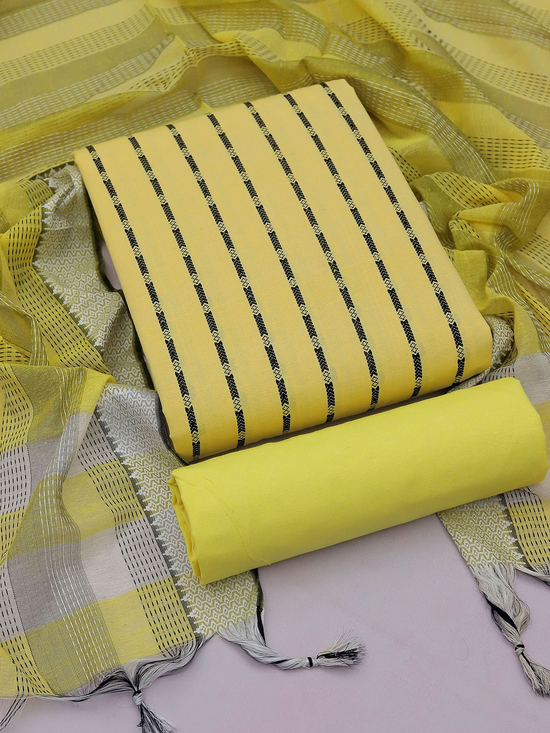 

MANVAA Striped Woven Design Unstitched Dress Material, Yellow