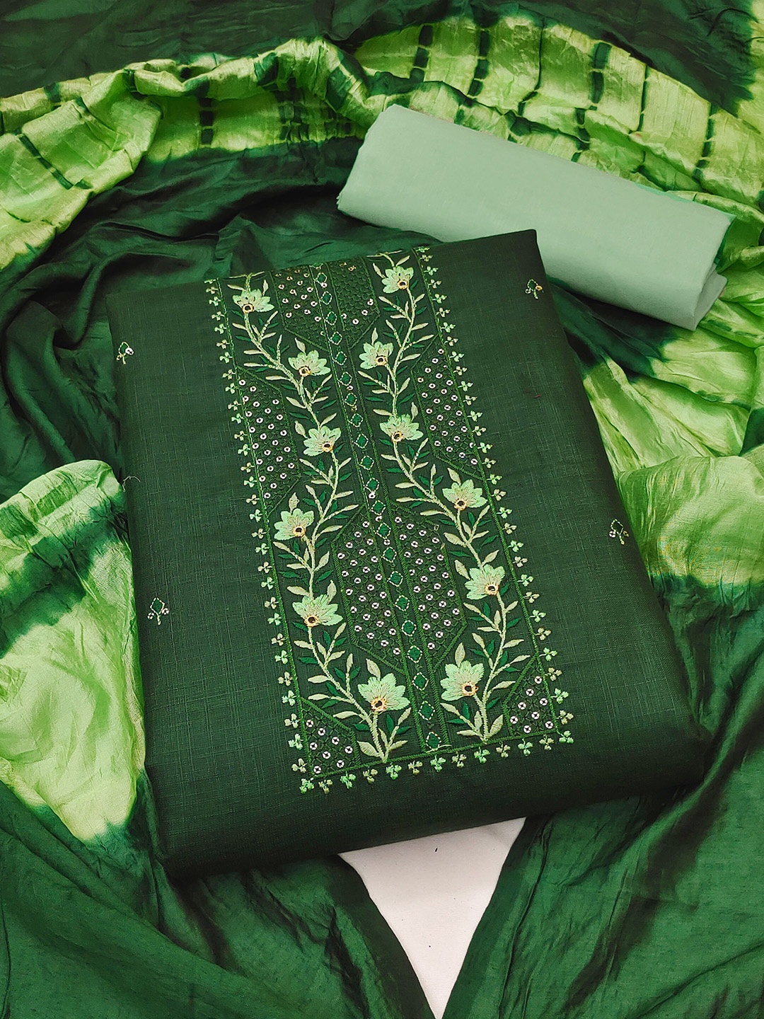 

MANVAA Embroidered Glaze Cotton Unstitched Dress Material, Green