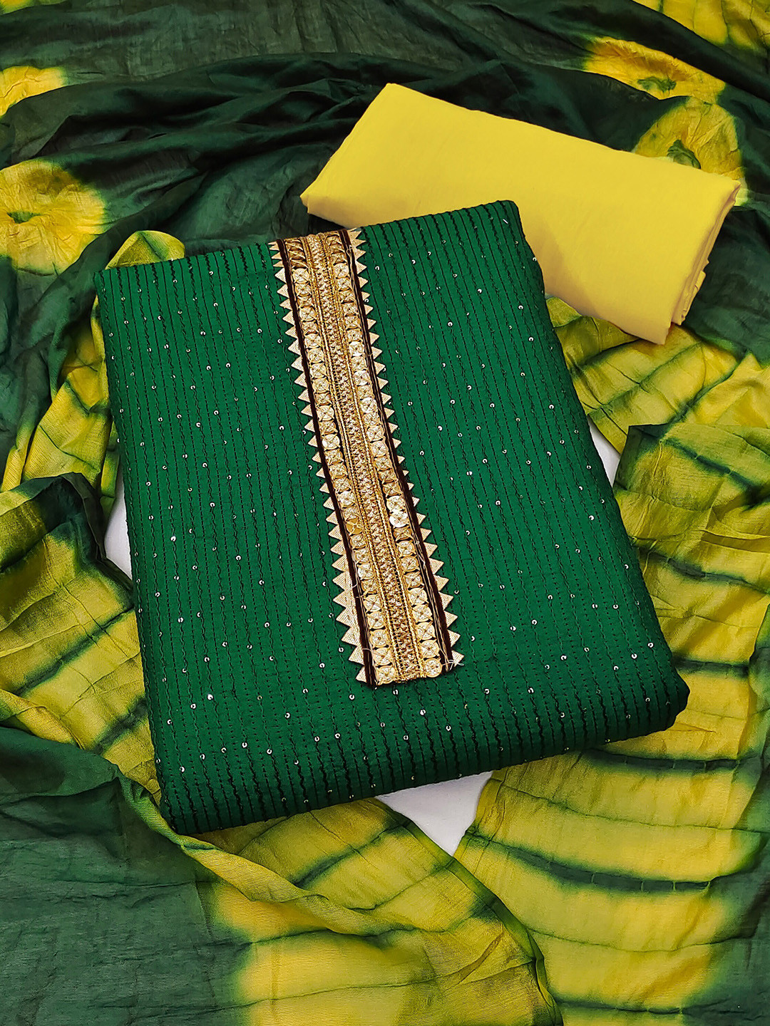 

MANVAA Embellished Pure Cotton Unstitched Dress Material, Green