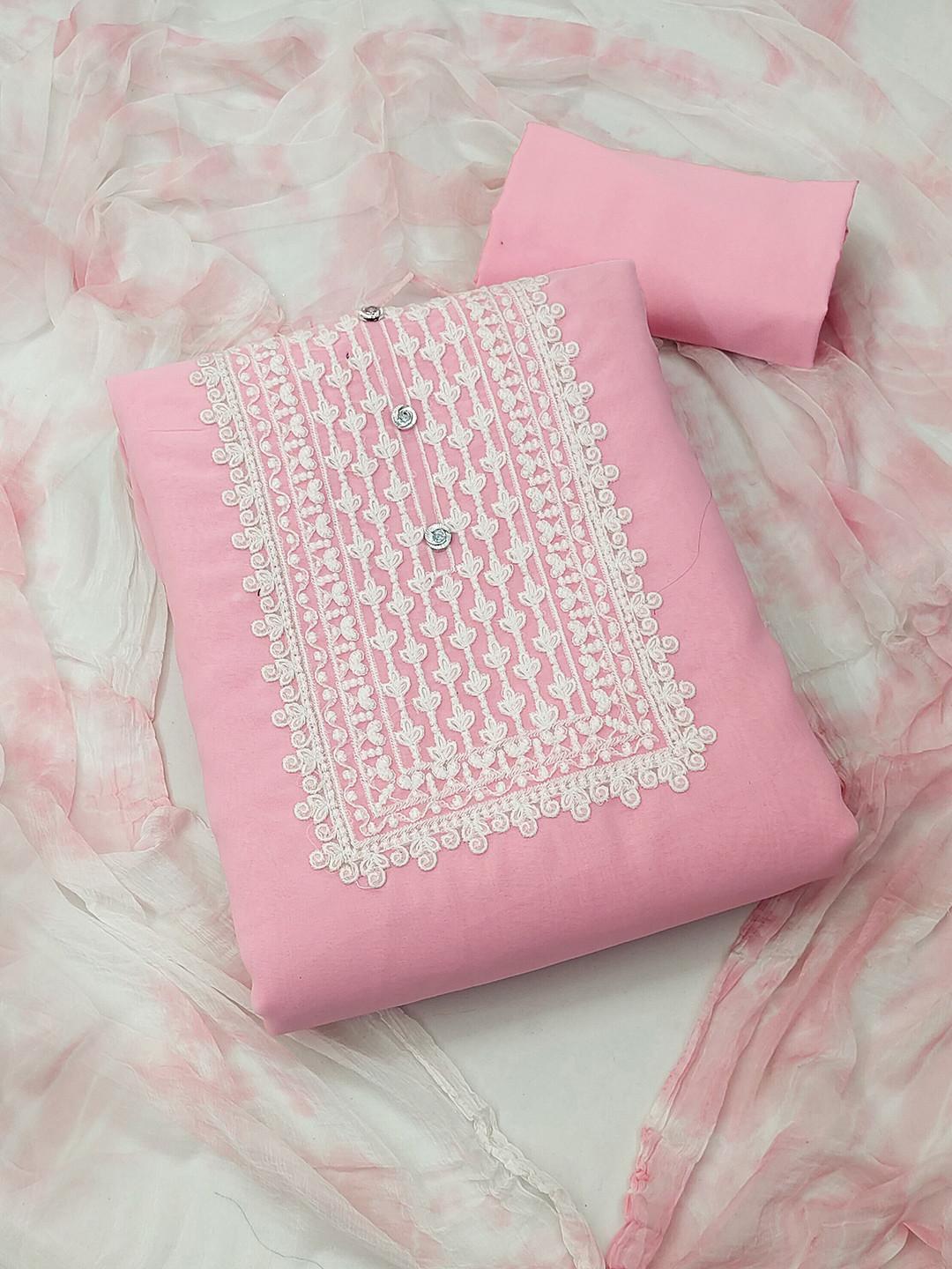 

MANVAA Floral Embroidered Silk Georgette Unstitched Dress Material, Pink