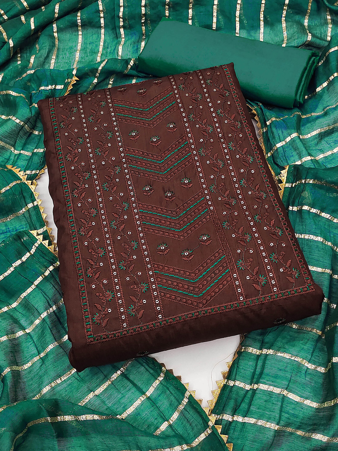 

MANVAA Floral Embroidered Yoke Design Sequinned Unstitched Dress Material, Brown