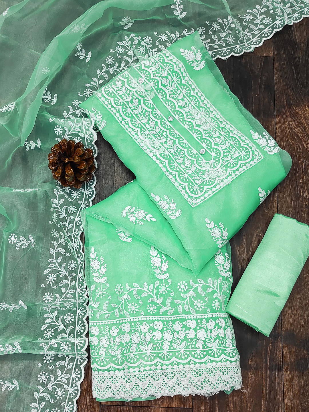 

MANVAA Embroidered Organza Unstitched Dress Material, Sea green