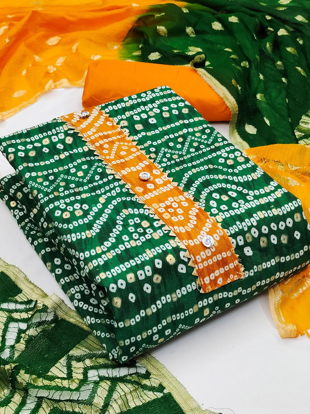 

MANVAA Bandhani Printed Gotta Patti Pure Cotton Unstitched Dress Material, Green
