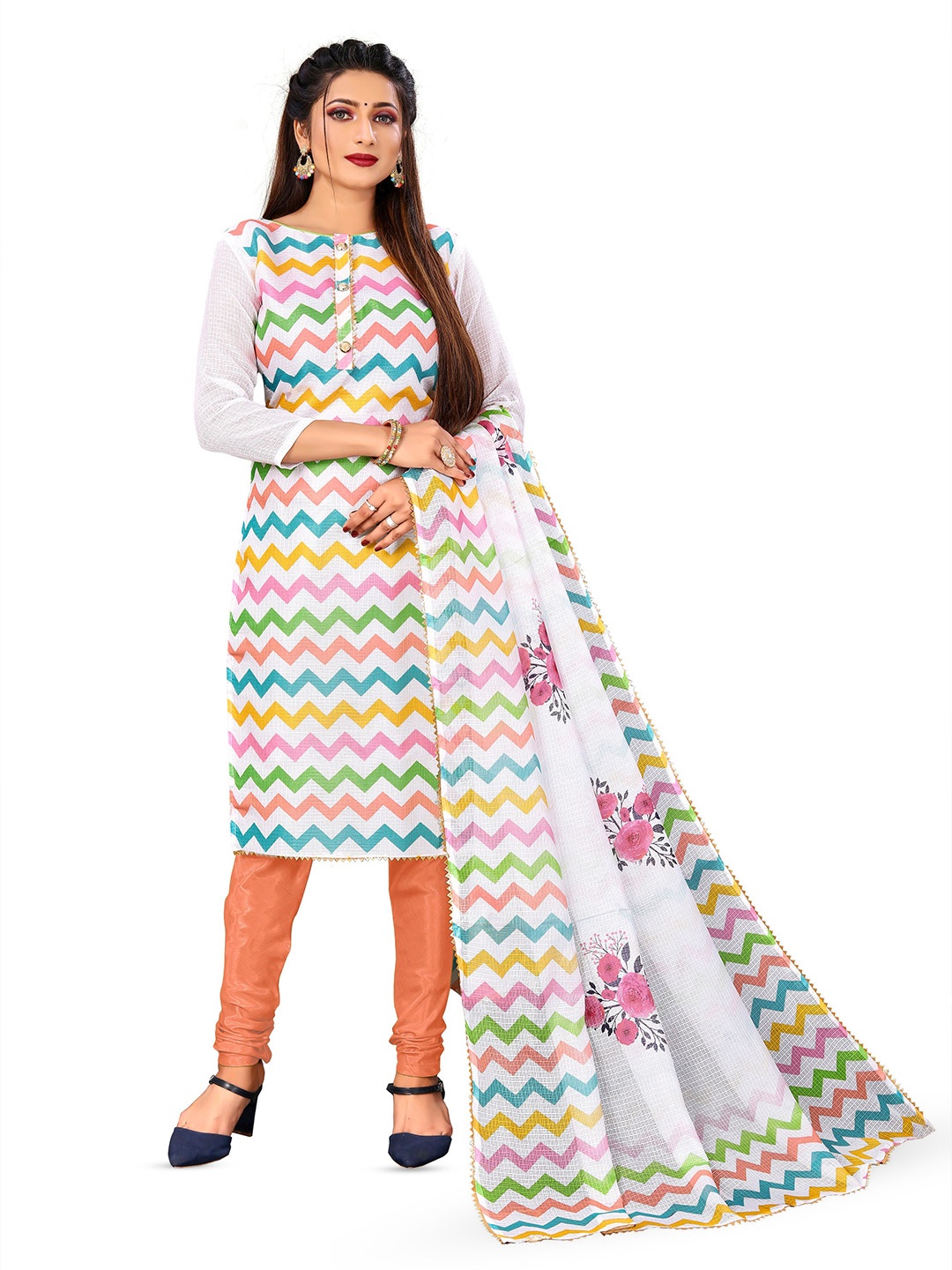 

MANVAA Chevron Printed Gotta Patti Pure Cotton Unstitched Dress Material, White