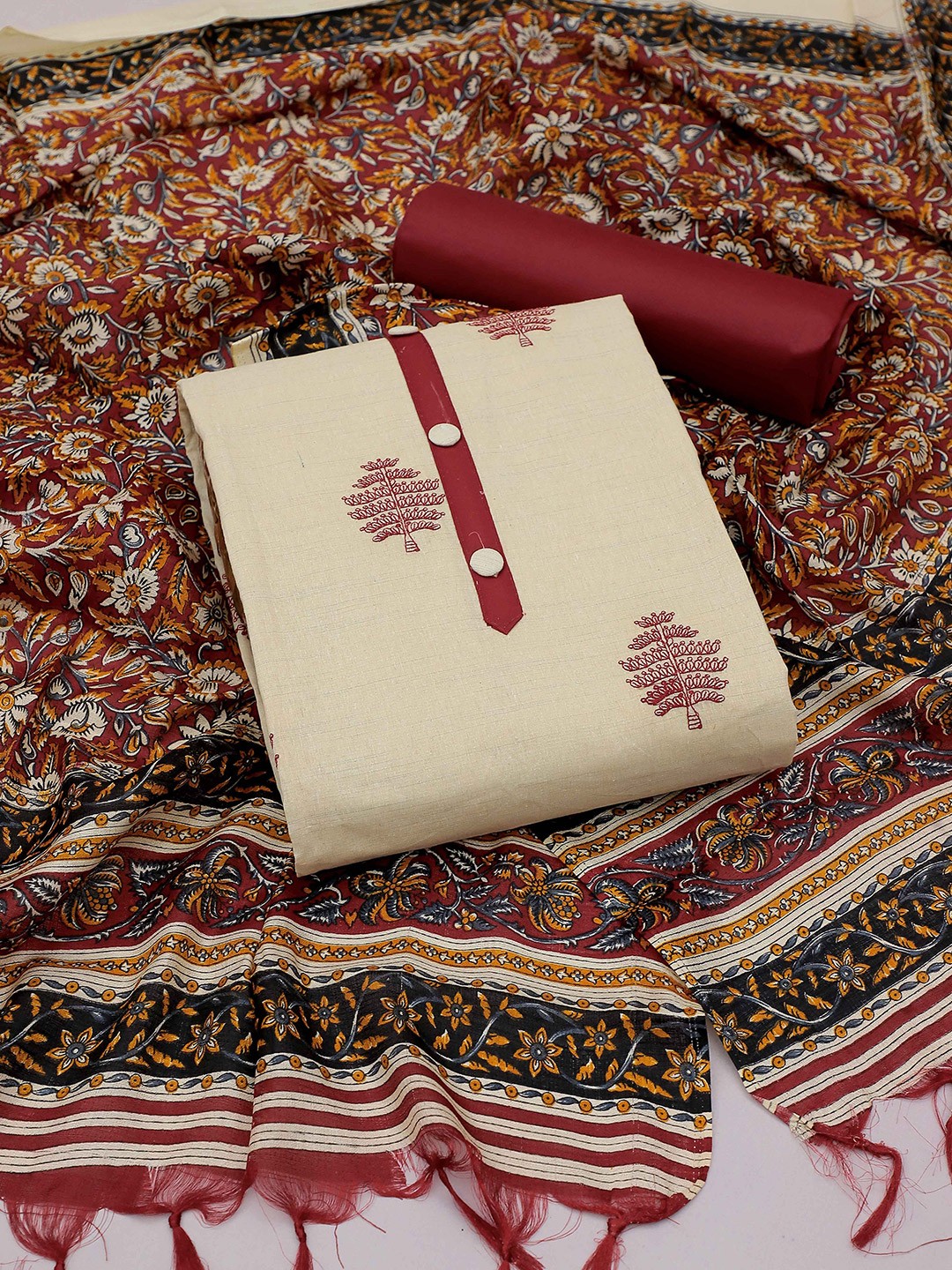 

MANVAA Embroidered Cotton Unstitched Dress Material, Beige