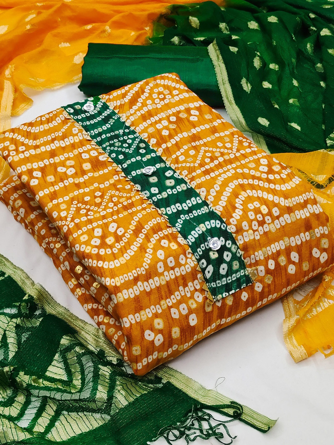 

MANVAA Bandhani Printed Pure Cotton Unstitched Dress Material, Yellow