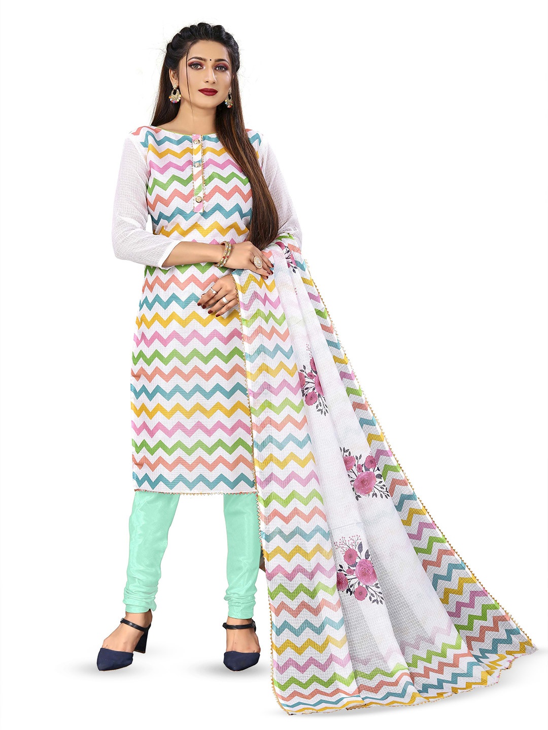 

MANVAA Geometric Printed Pure Cotton Unstitched Dress Material, White