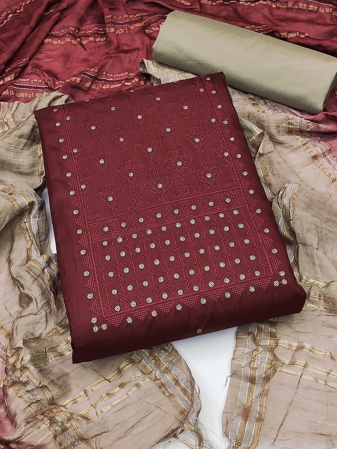 

MANVAA Embroidered Unstitched Dress Material, Maroon