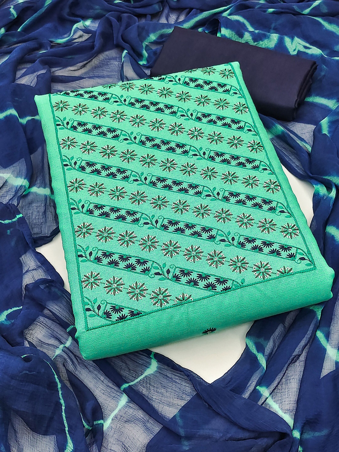 

MANVAA Floral Embroidered Sequined Unstitched Dress Material, Sea green