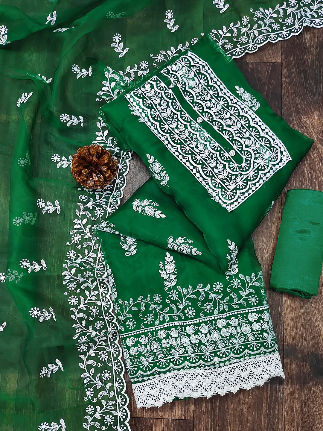 

MANVAA Embroidered Organza Unstitched Dress Material, Green