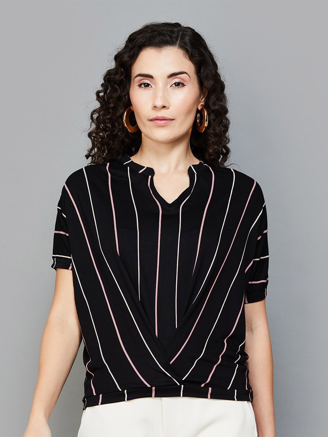 

CODE by Lifestyle Vertical Stripes Mandarin Collar Top, Black