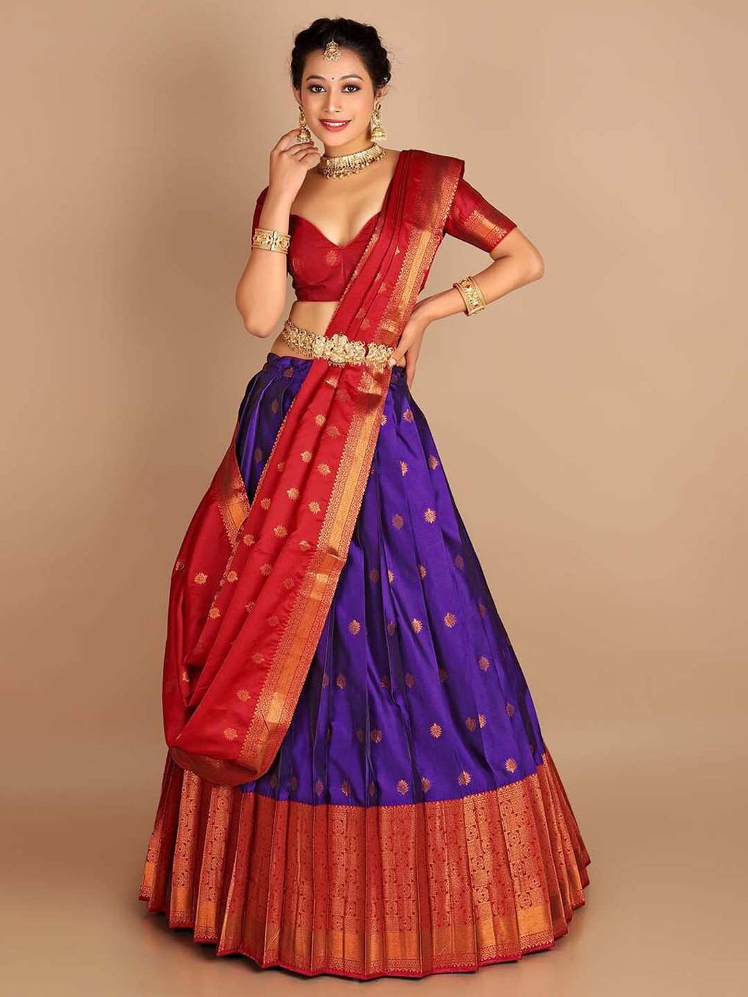 

HALFSAREE STUDIO Woven Design Semi-Stitched Lehenga & Unstitched Blouse With Dupatta, Purple