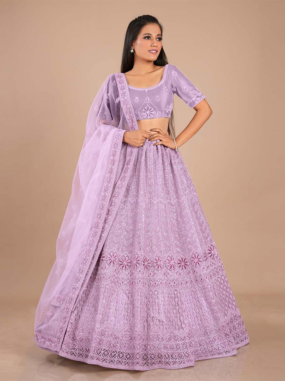 

HALFSAREE STUDIO Embroidered Semi-Stitched Lehenga & Unstitched Blouse With Dupatta, Lavender