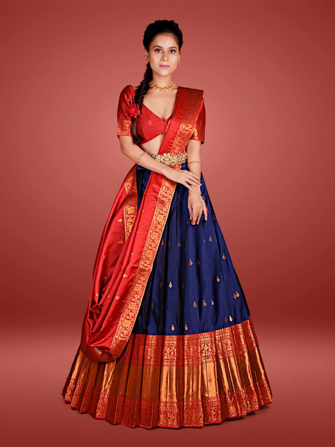 

HALFSAREE STUDIO Woven-Designed Lehenga Saree With Dupatta & Unstitched Blouse, Navy blue