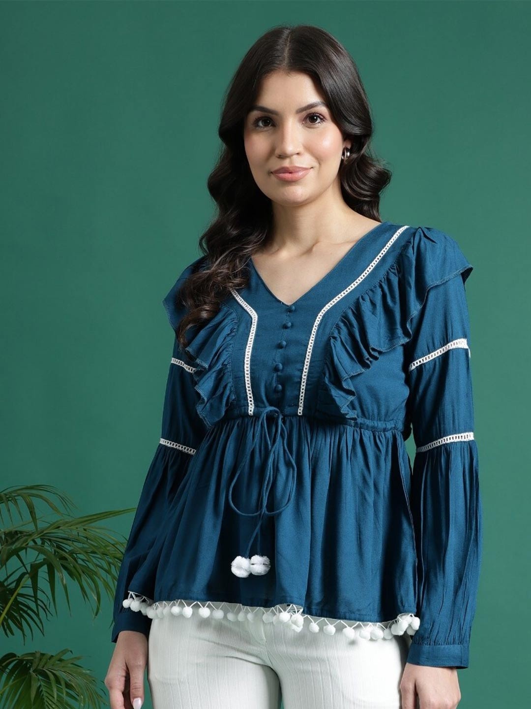 

Ramas Puff Sleeve Ruffles Cotton Cinched Waist Top, Blue