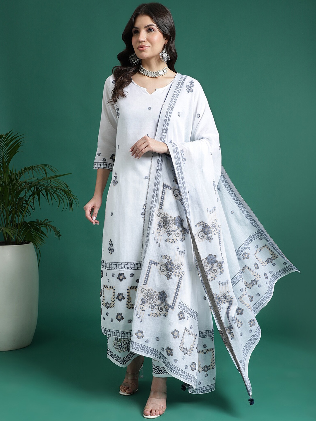 

Ramas Ethnic Motifs Woven Design Thread Work Pure Cotton Kurta With Palazzo & Dupatta, White