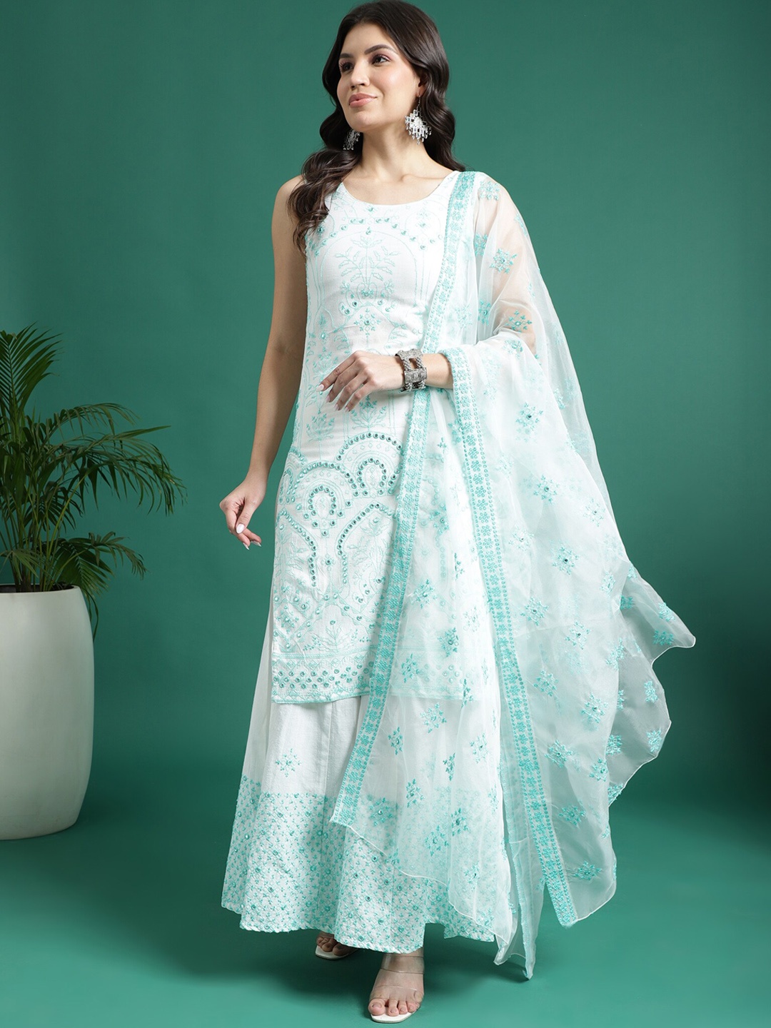 

Ramas Ethnic Motifs Embroidered Mirror Work Pure Cotton Kurta With Sharara & Dupatta, White