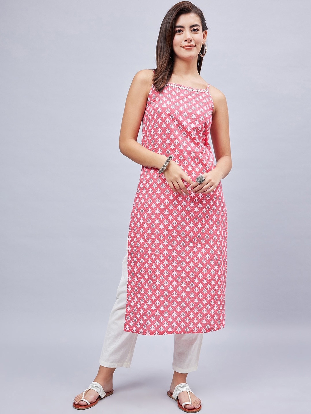 

WineRed Floral Printed Cotton A-Line Kurta, Pink