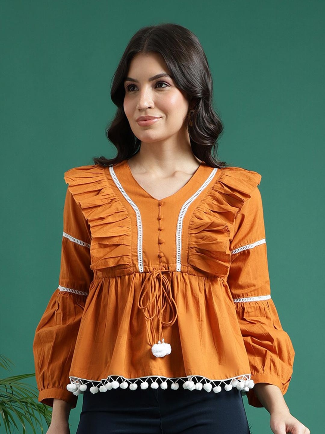 

Sangria V-Neck Gathered Cotton Peplum Tops, Mustard