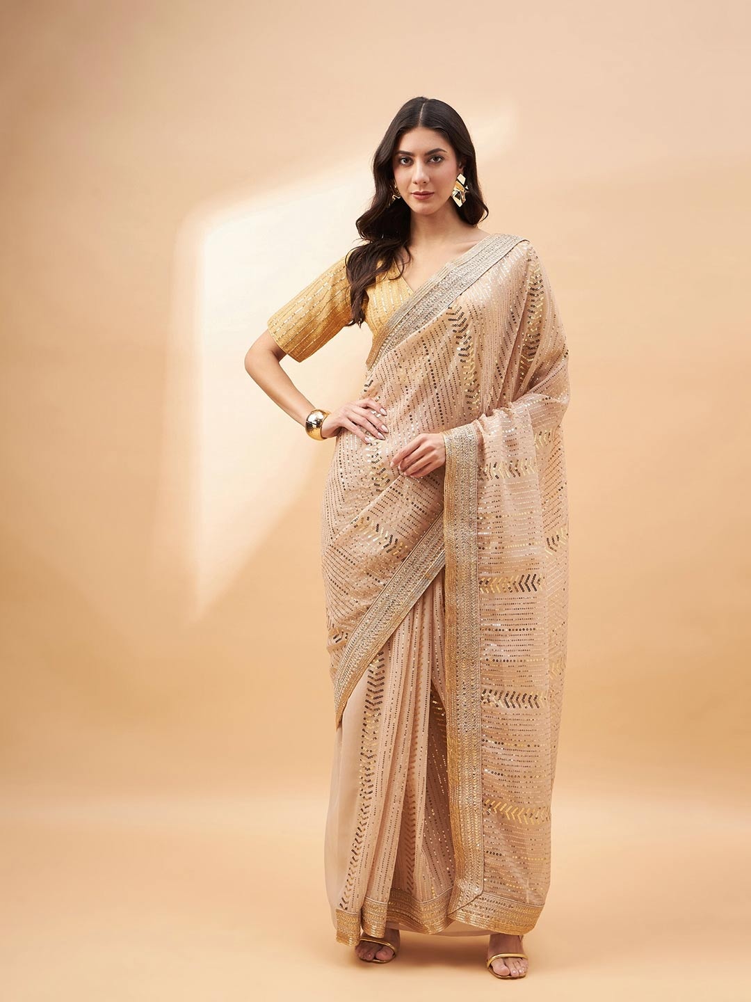 

all about you Embellished Sequinned Net Banarasi Saree, Cream