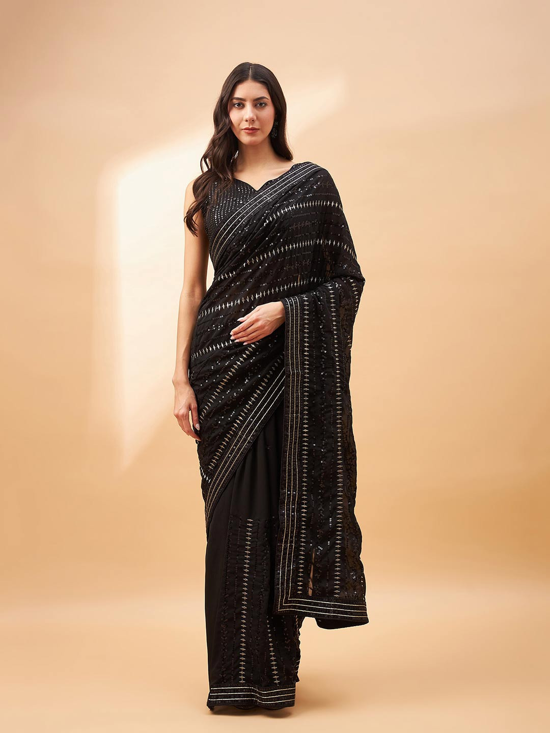 

all about you Embellished Net Banarasi Saree, Black
