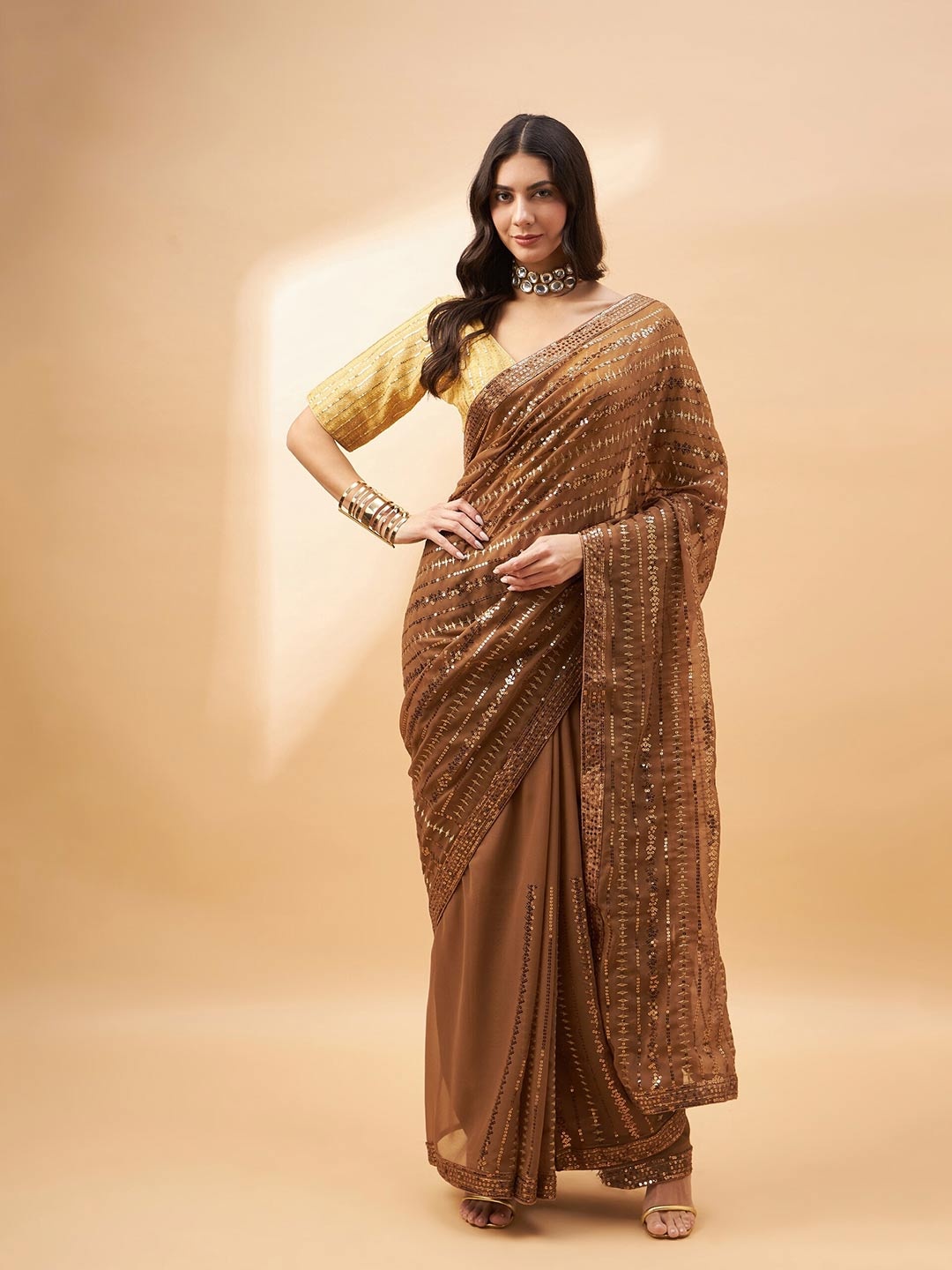 

all about you Embellished Sequinned Net Banarasi Saree, Brown