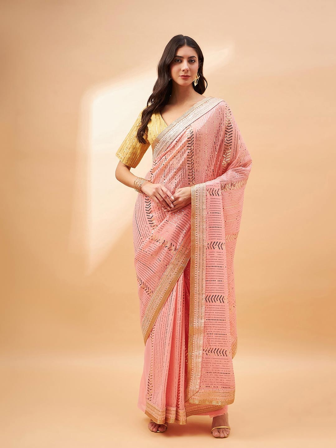 

all about you Embellished Sequinned Net Banarasi Saree, Peach