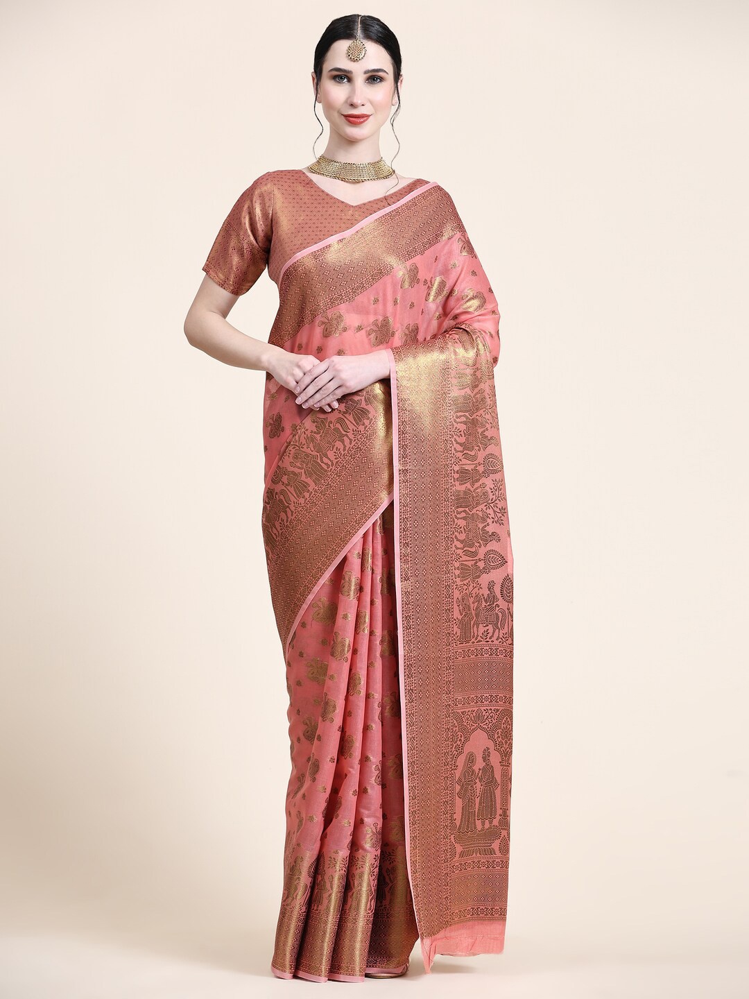 

KAPADIYA FAB Ethnic Motifs Zari Pure Cotton Banarasi Saree, Pink