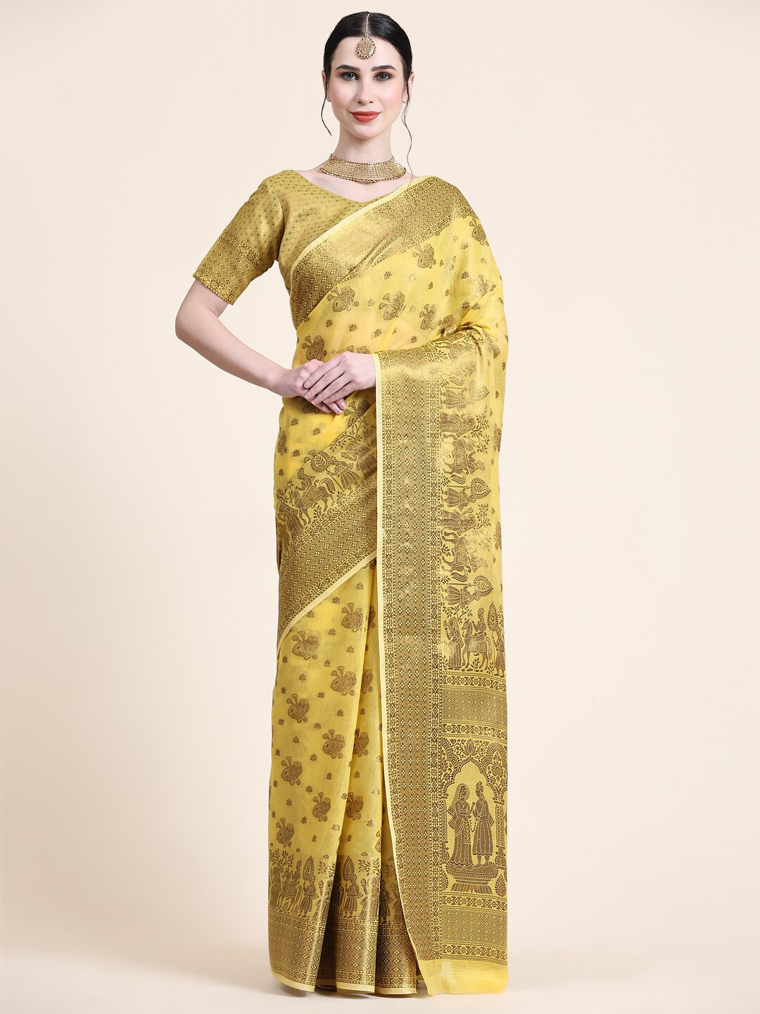 

KAPADIYA FAB Ethnic Motifs Zari Pure Cotton Designer Banarasi Saree, Yellow