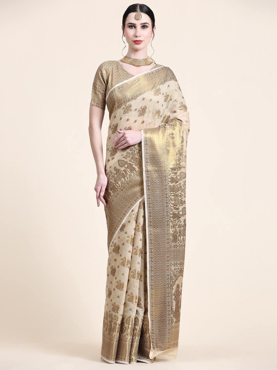 

KAPADIYA FAB Embellished Zari Pure Cotton Banarasi Saree, Cream