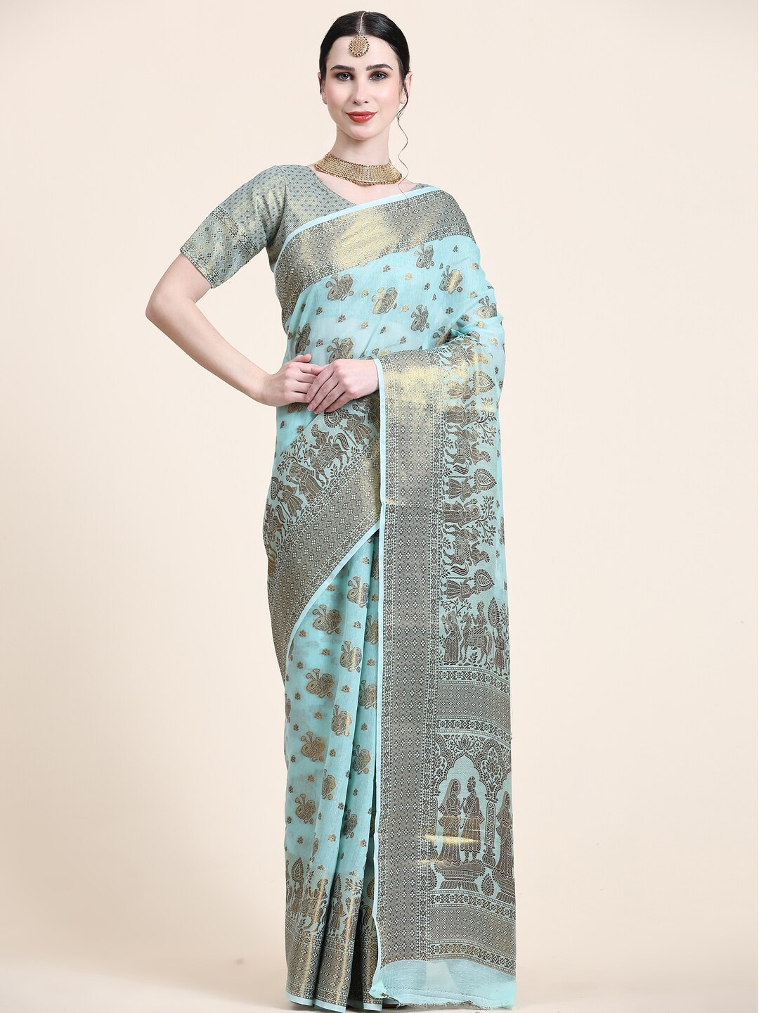 

KAPADIYA FAB Ethnic Motifs Zari Pure Cotton Banarasi Saree, Turquoise blue
