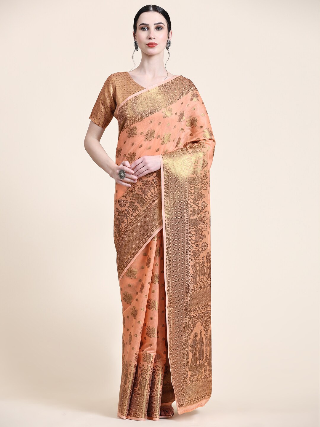 

KAPADIYA FAB Ethnic Motifs Zari Pure Cotton Banarasi Saree, Orange