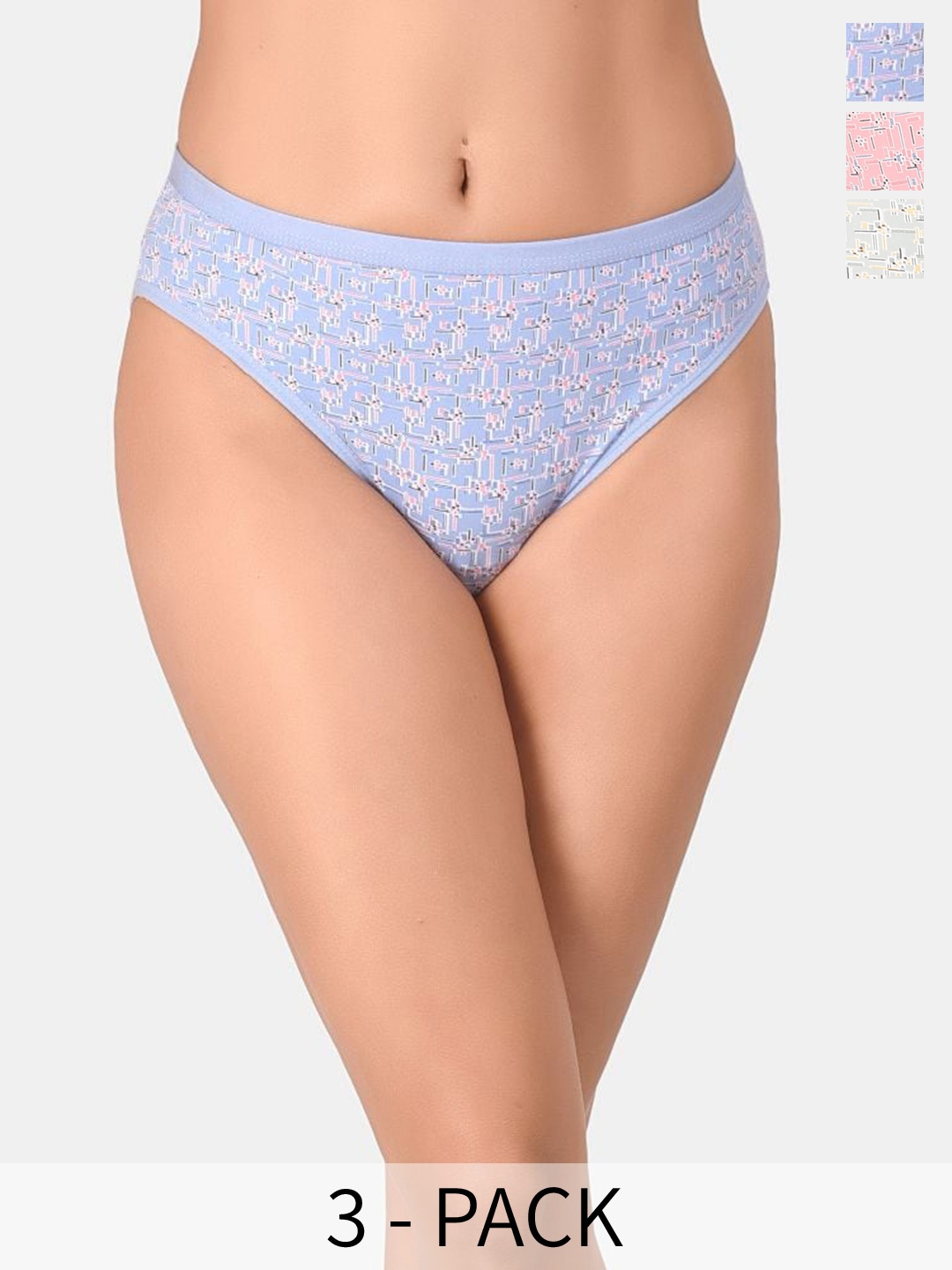 

Innocence Pack of 3 Geometric Printed High-Rise Knitted Hipster Briefs, Blue