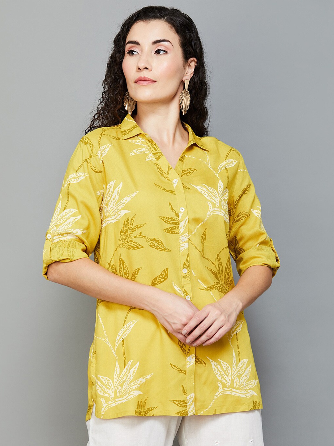 

Melange by Lifestyle Floral Printed Shirt Collar Roll Up Sleeves Tunic, Yellow