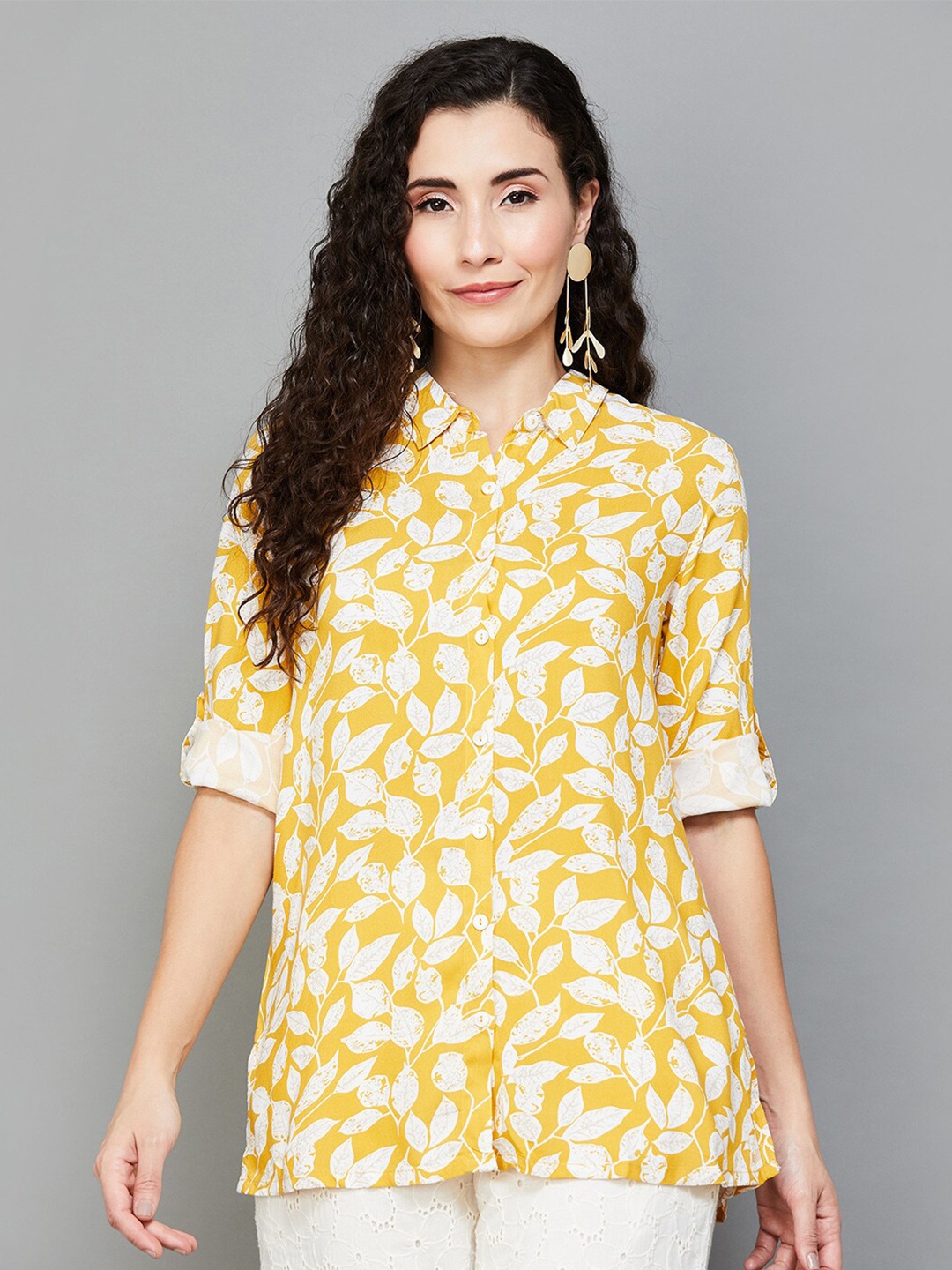 

Melange by Lifestyle Floral Printed Shirt Collar Roll Up Sleeves Tunic, Mustard