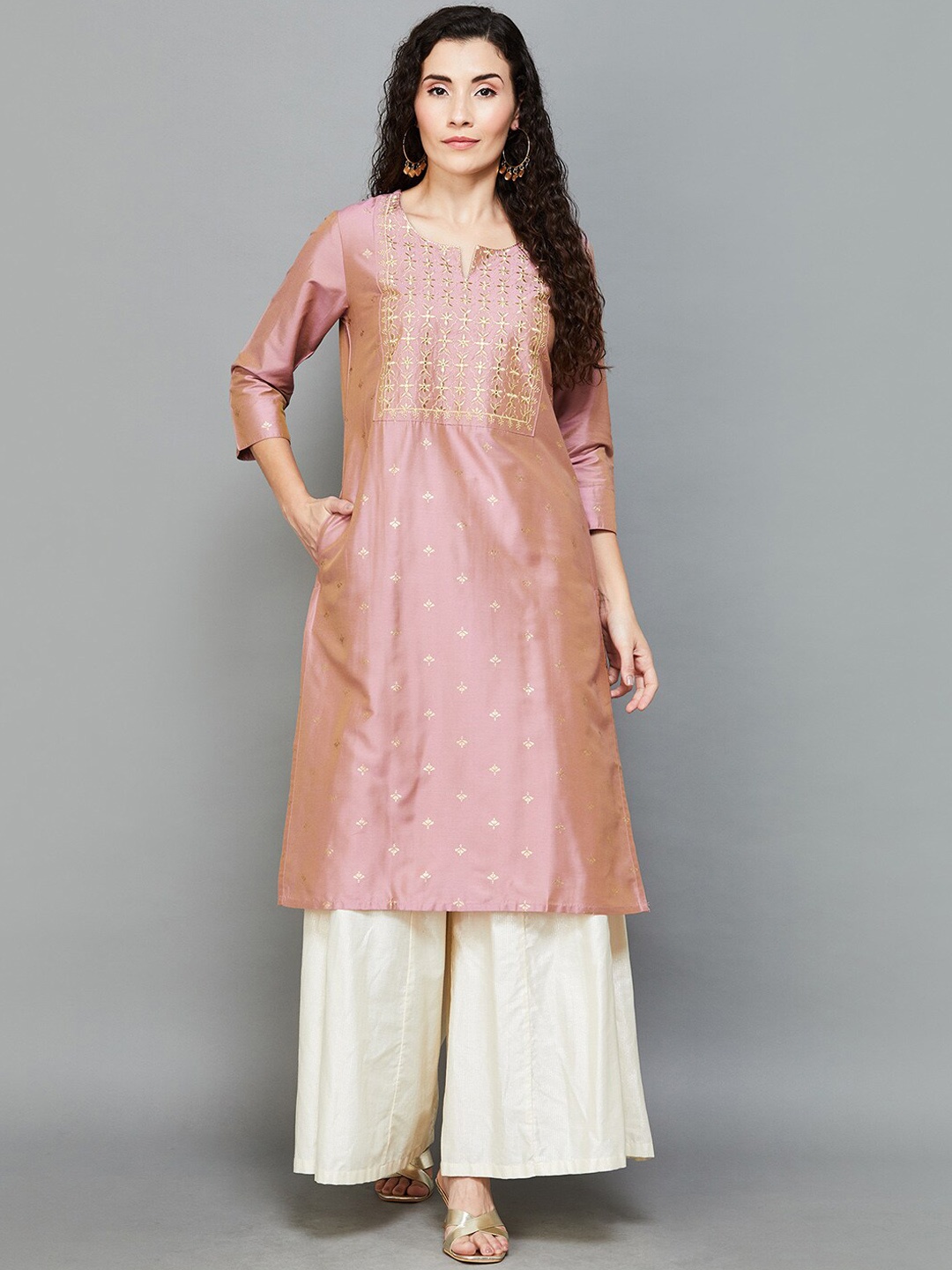 

Melange by Lifestyle Zari Embroidered Notched Neck Straight Kurta, Mauve