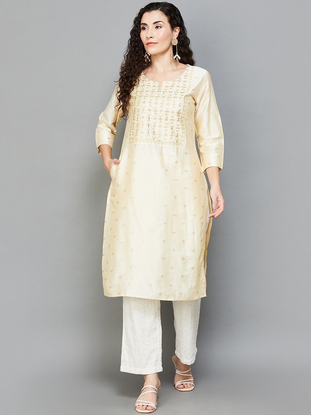 

Melange by Lifestyle Printed & Embroidered Mirror Work Notched Neck Straight Kurta, Beige