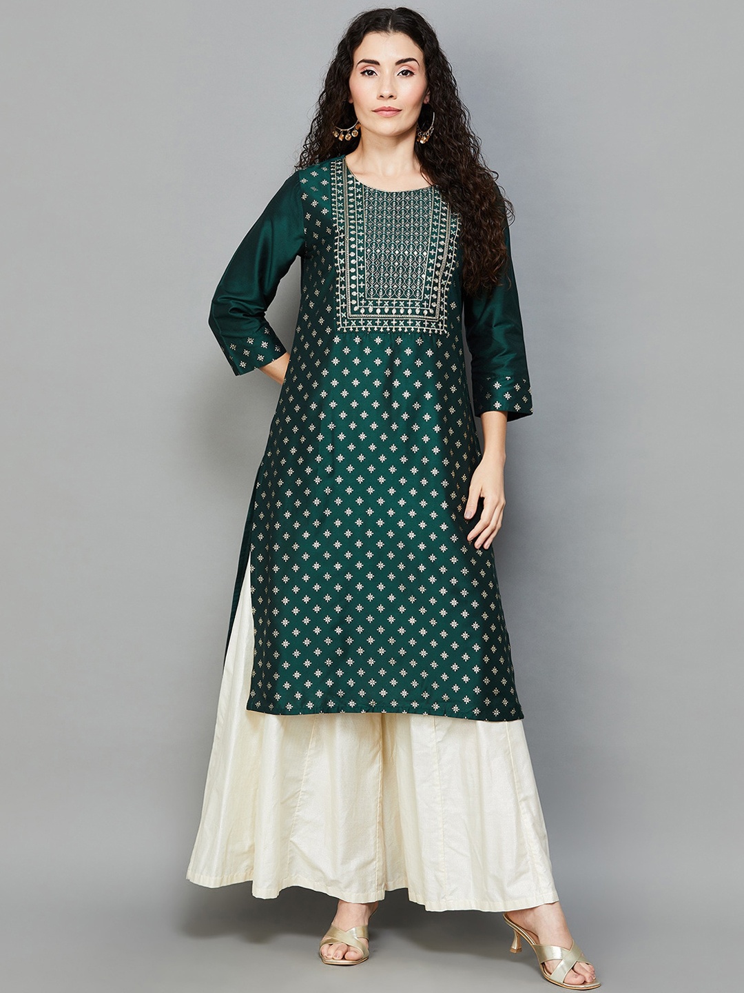 

Melange by Lifestyle Ethnic Motifs Printed Round Neck Thread work Straight Kurta, Green