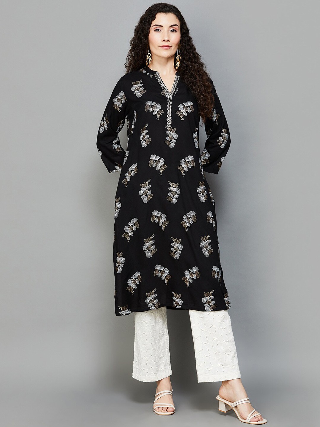 

Melange by Lifestyle Printed Mandarin Collar Straight Kurta, Black