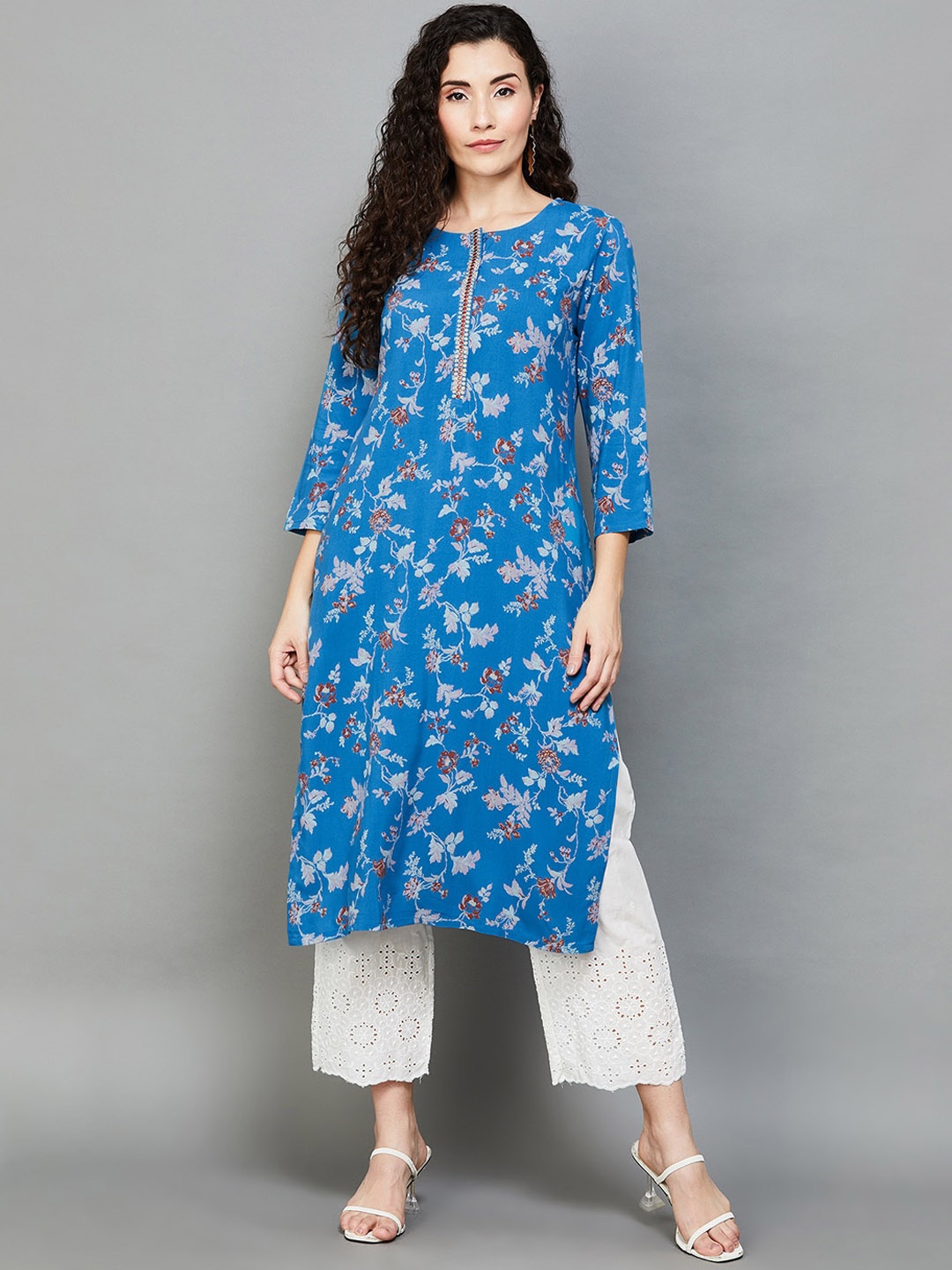 

Melange by Lifestyle Floral Printed& Thread Work Round Necked Straight Kurta, Blue