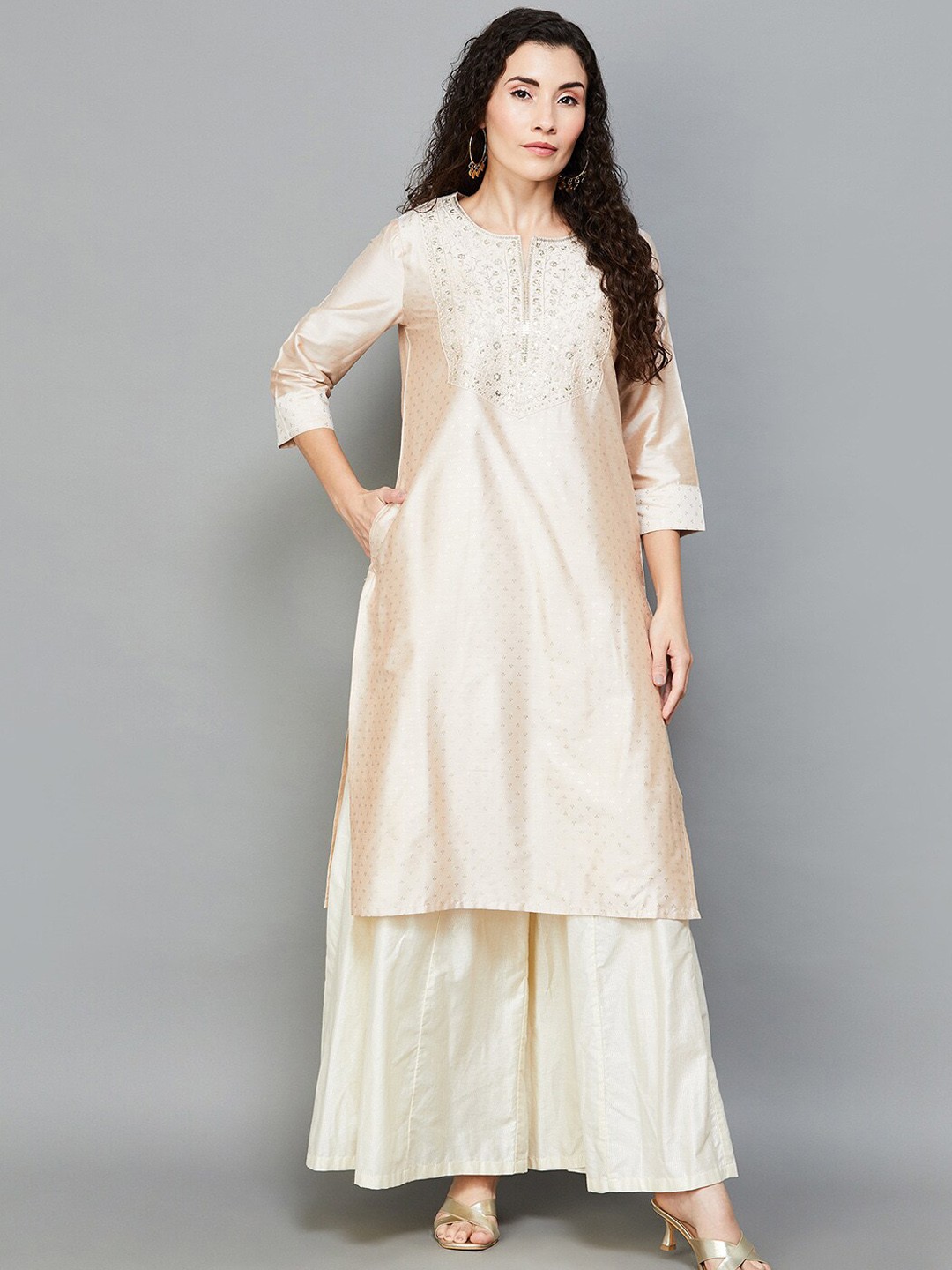 

Melange by Lifestyle Sequins Embroidered Notched Neck Straight Kurta, Beige