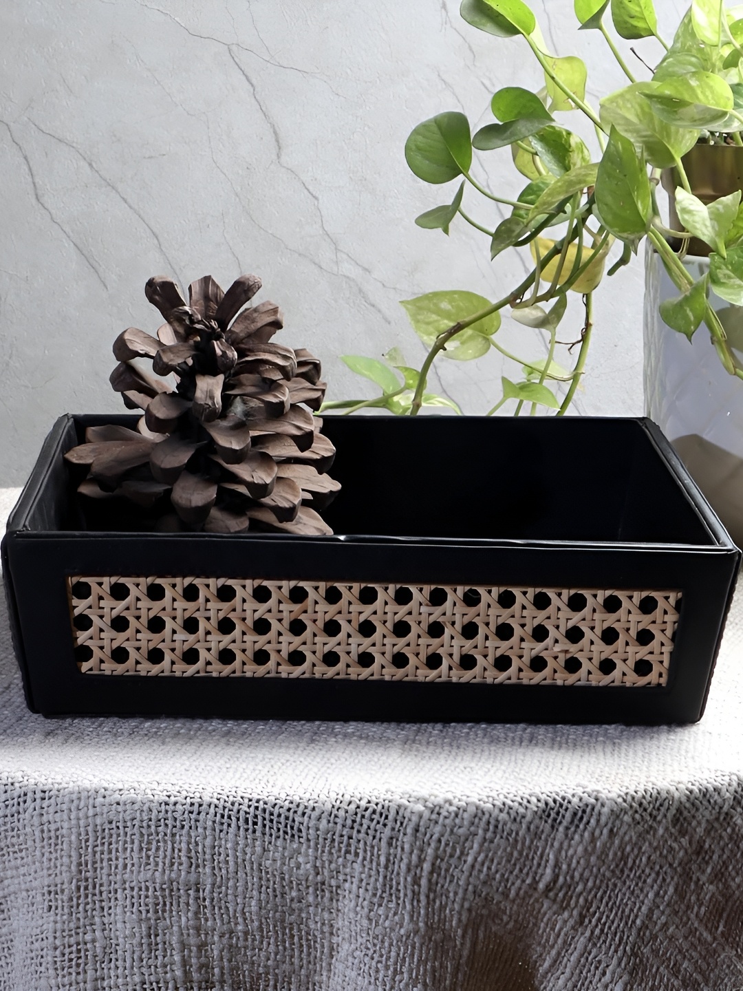 

akway Rattan Beige & Black Textured Rectangle Cane Serving Tray