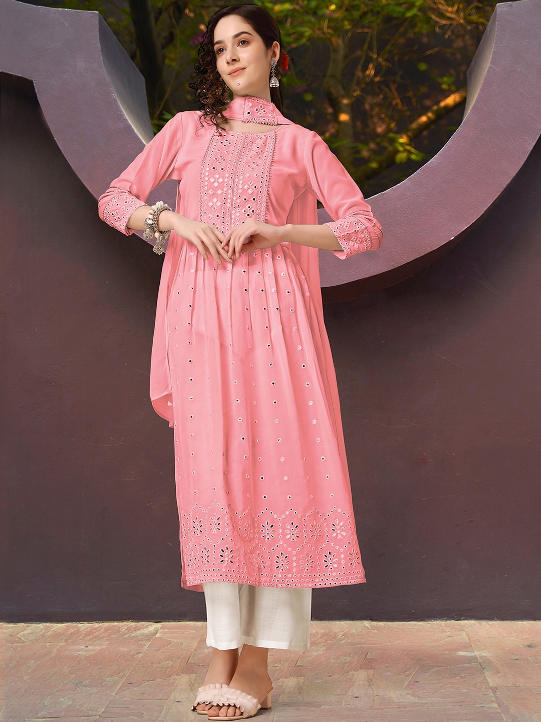 

Sangria Mirror Work Embroidered Naira Cut Kurta With Palazzos & Dupatta, Pink