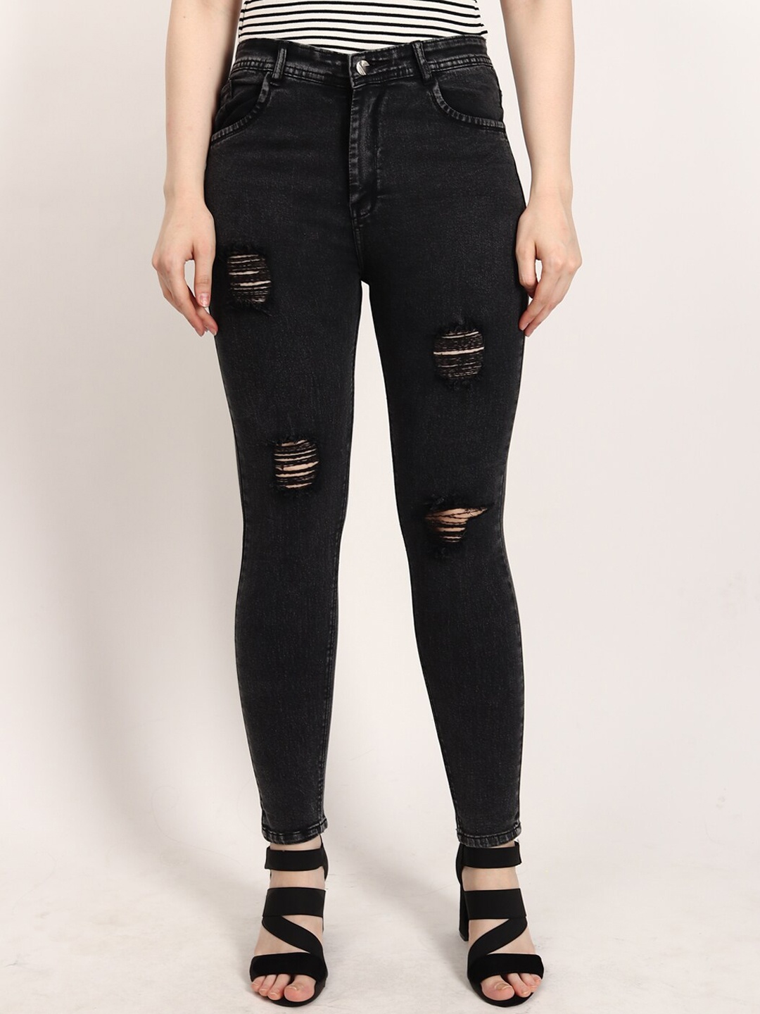 

LIVE OK Women Skinny Fit High-Rise Mildly Distressed Stretchable Jeans, Black