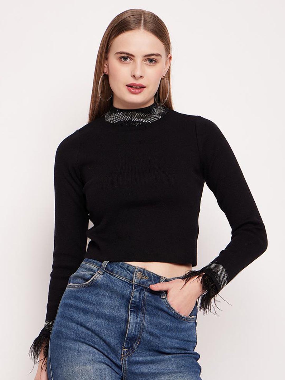 

Madame Mock Collar Crop Pullover, Black