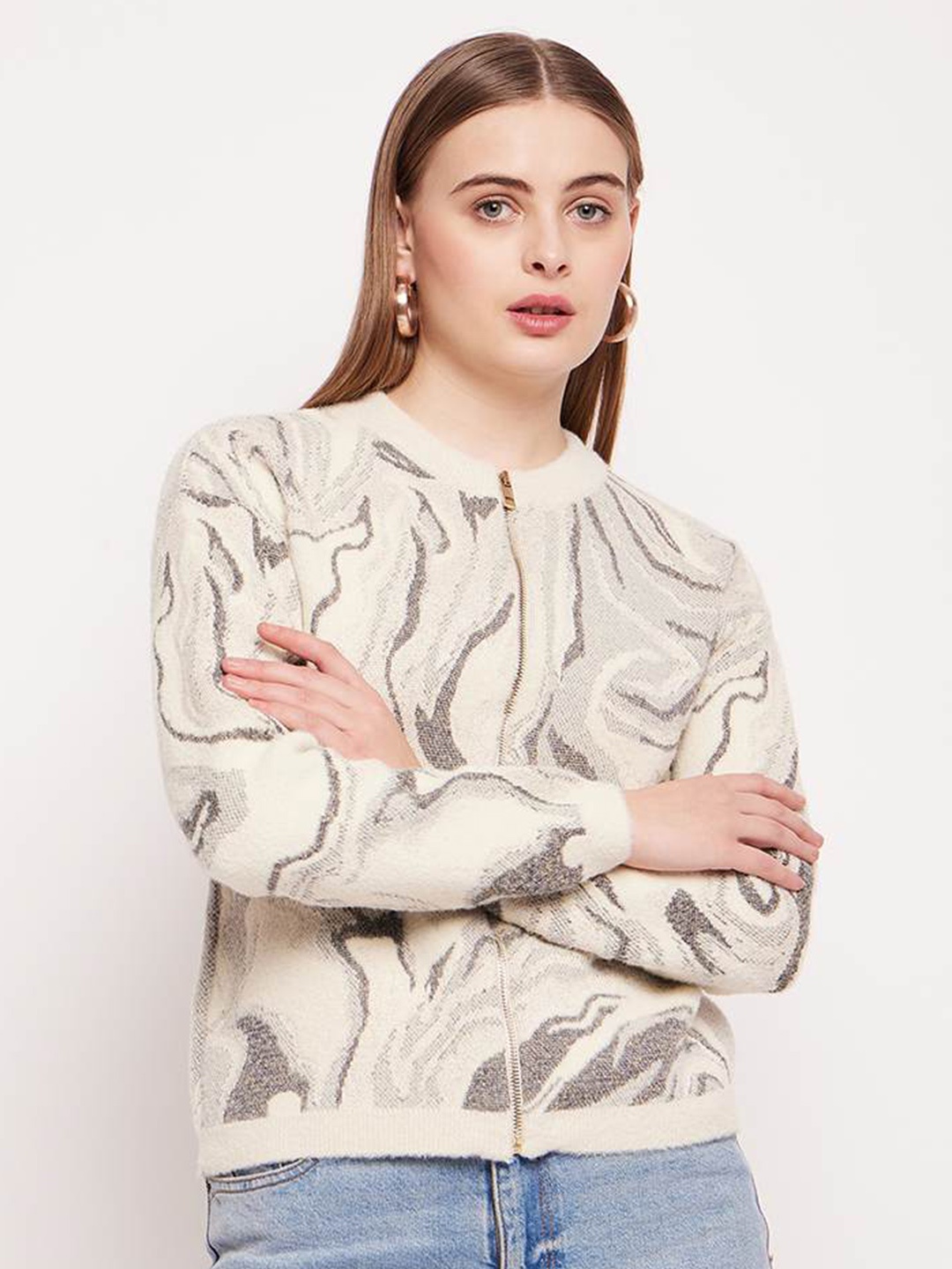 

Madame Abstract Printed Cardigan Sweater, Beige